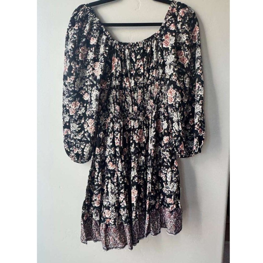 Angie Floral Mini Dress L Smocked Puff Sleeve Coquette Boho Festival Western - Picture 2 of 6
